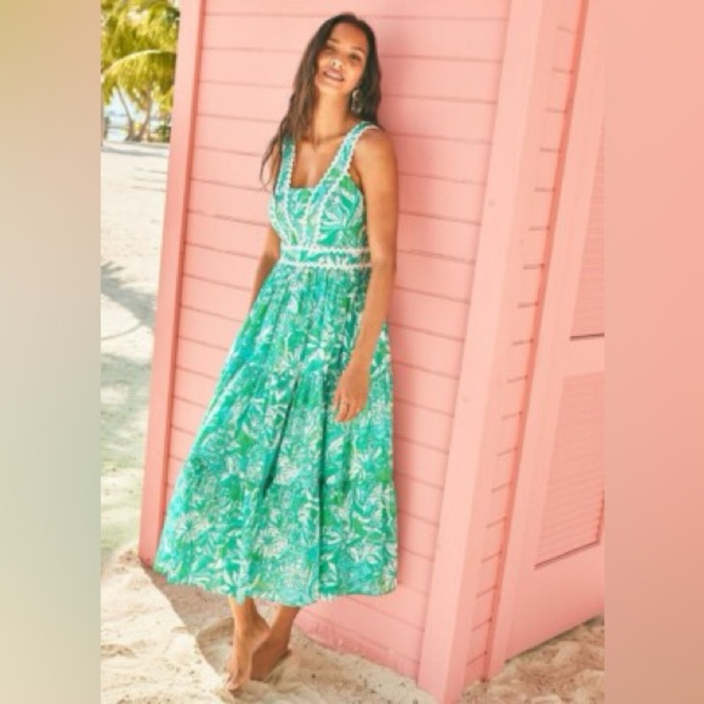 Lilly Pulitzer Pollie Midi Dress 2 Botanical Green Safari Sangria